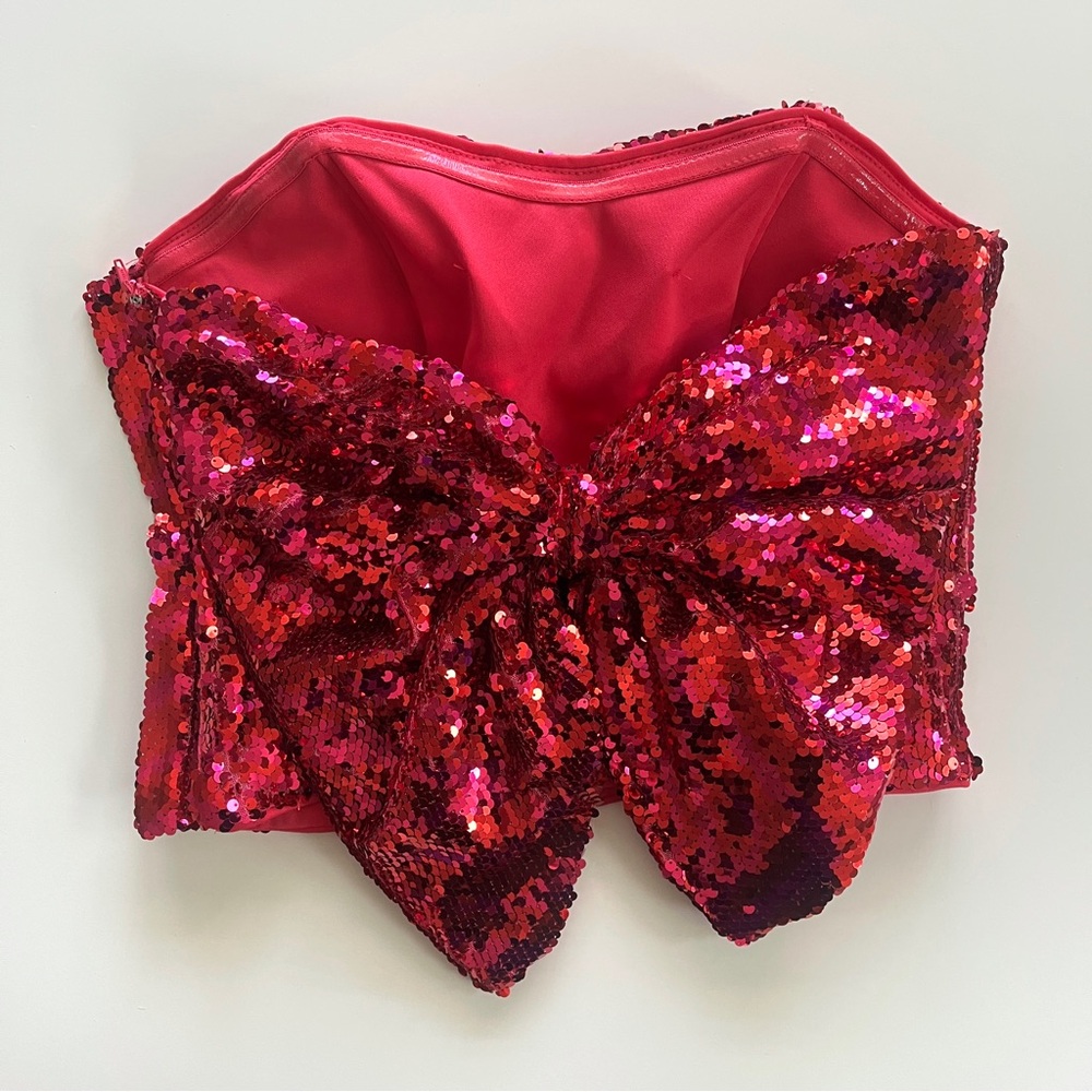 Hutch Hot Pink Delphine Sequin Bow Strapless Top w/ Sweetheart Neckline & Boning - Picture 7 of 16
